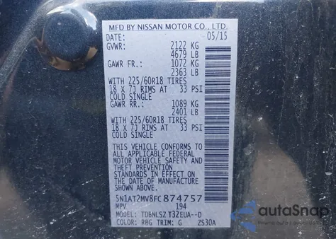 2015 Nissan Rogue S/Sl/Sv from USA, damaged, VIN 5N1AT2MV8FC874757